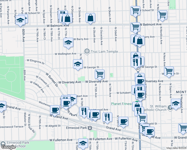map of restaurants, bars, coffee shops, grocery stores, and more near 7514 West Diversey Avenue in Elmwood Park