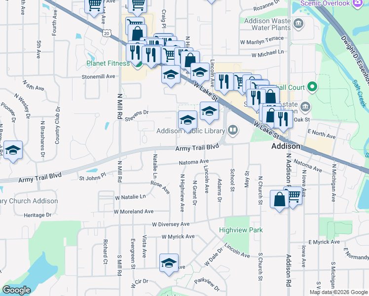 map of restaurants, bars, coffee shops, grocery stores, and more near 340 Natoma Avenue in Addison