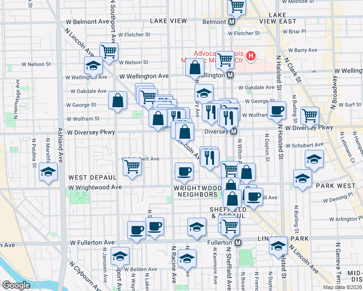 map of restaurants, bars, coffee shops, grocery stores, and more near 2748 North Lincoln Avenue in Chicago