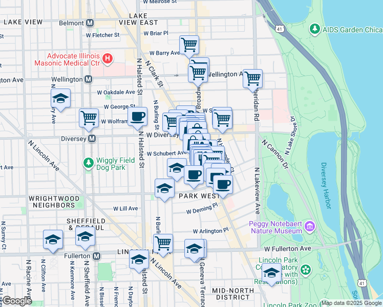 map of restaurants, bars, coffee shops, grocery stores, and more near 2710 North Clark Street in Chicago