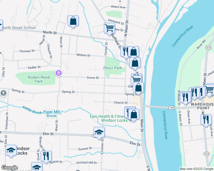 map of restaurants, bars, coffee shops, grocery stores, and more near 71 Spring Street in Windsor Locks