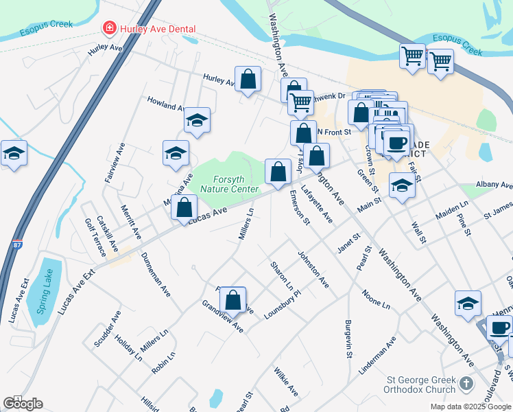 map of restaurants, bars, coffee shops, grocery stores, and more near 1 Millers Lane in Kingston