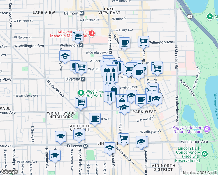 map of restaurants, bars, coffee shops, grocery stores, and more near 2666 North Halsted Street in Chicago