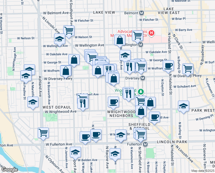 map of restaurants, bars, coffee shops, grocery stores, and more near 2707b North Racine Avenue in Chicago