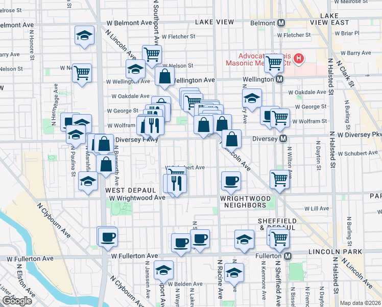 map of restaurants, bars, coffee shops, grocery stores, and more near 1304 West Schubert Avenue in Chicago