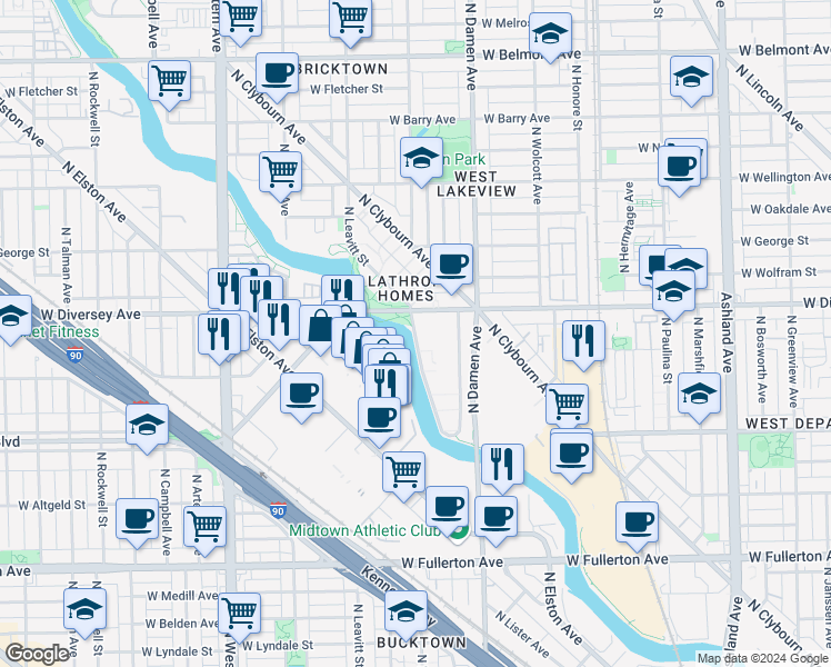 map of restaurants, bars, coffee shops, grocery stores, and more near 2731 North Leavitt Street in Chicago