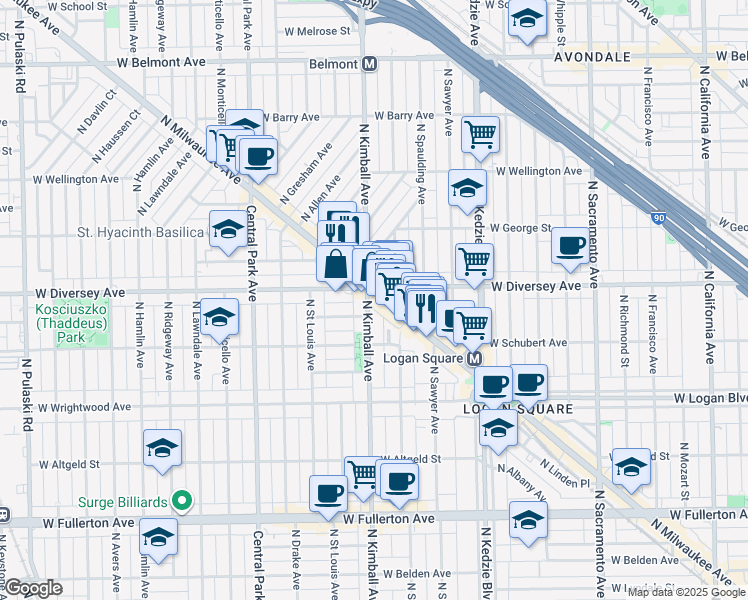 map of restaurants, bars, coffee shops, grocery stores, and more near 3407 West Parker Avenue in Chicago