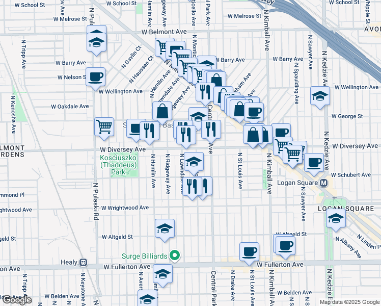 map of restaurants, bars, coffee shops, grocery stores, and more near 2728 North Monticello Avenue in Chicago