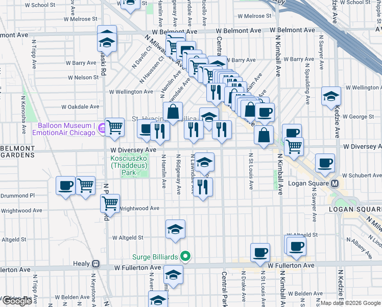 map of restaurants, bars, coffee shops, grocery stores, and more near 2730 North Lawndale Avenue in Chicago
