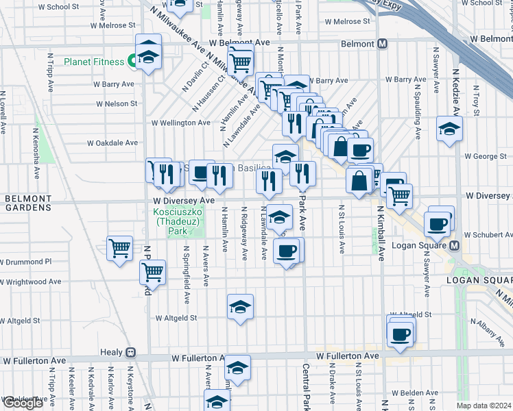 map of restaurants, bars, coffee shops, grocery stores, and more near 2730 North Lawndale Avenue in Chicago