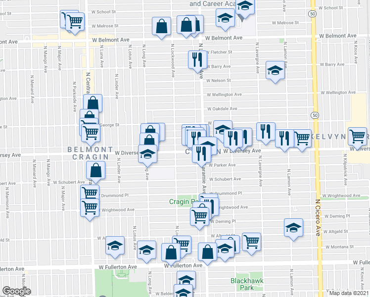 map of restaurants, bars, coffee shops, grocery stores, and more near 5225 West Diversey Avenue in Chicago