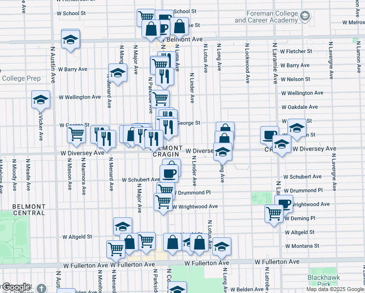 map of restaurants, bars, coffee shops, grocery stores, and more near 5525 West Diversey Avenue in Chicago