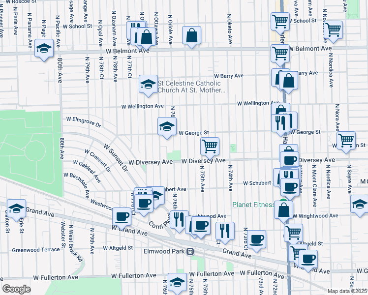 map of restaurants, bars, coffee shops, grocery stores, and more near 2805 North 76th Avenue in Elmwood Park