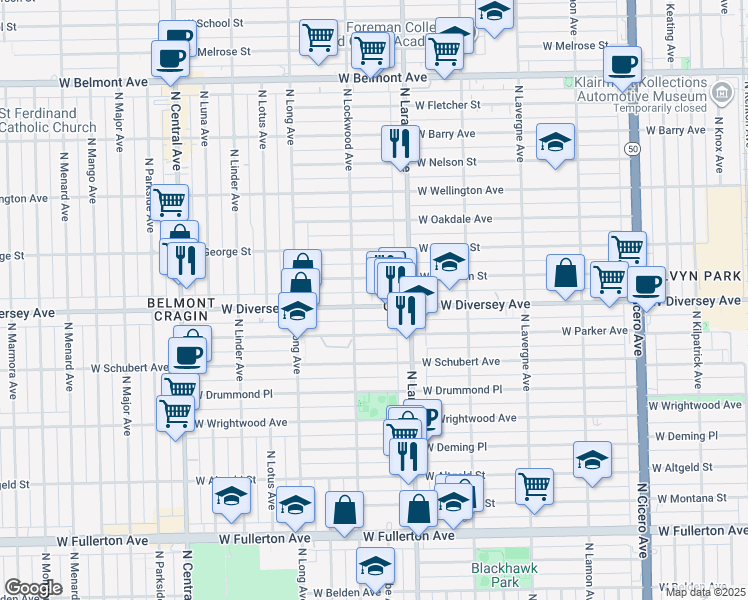 map of restaurants, bars, coffee shops, grocery stores, and more near 5225 West Diversey Avenue in Chicago