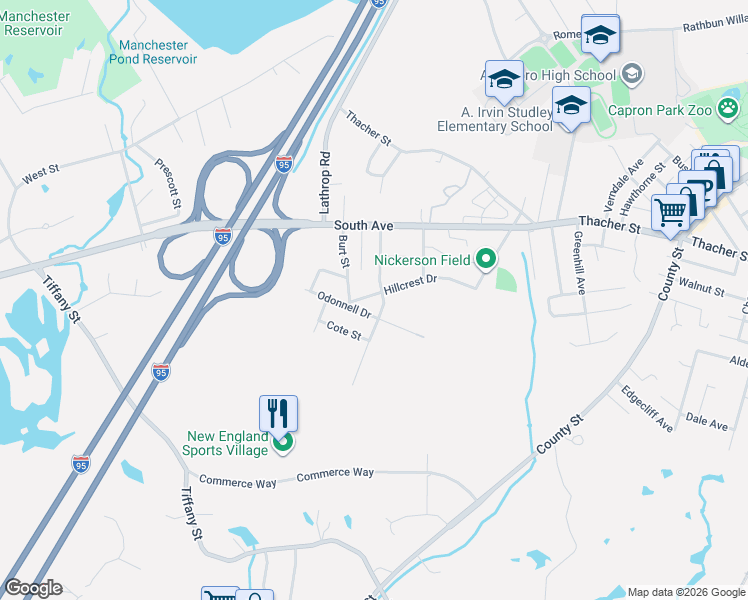map of restaurants, bars, coffee shops, grocery stores, and more near 156 Patterson Street in Attleboro
