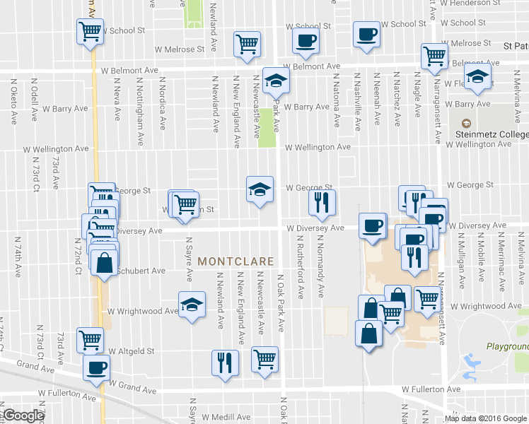 map of restaurants, bars, coffee shops, grocery stores, and more near 2845 North Newcastle Avenue in Chicago