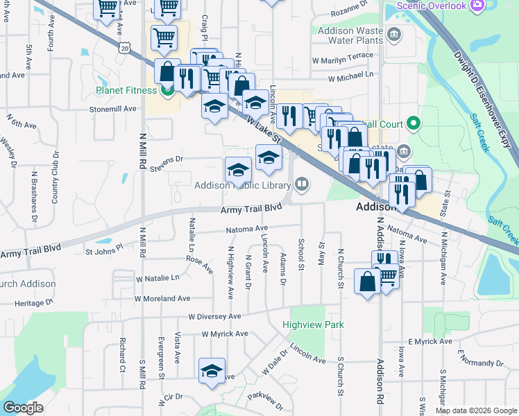 map of restaurants, bars, coffee shops, grocery stores, and more near 244 Natoma Avenue in Addison