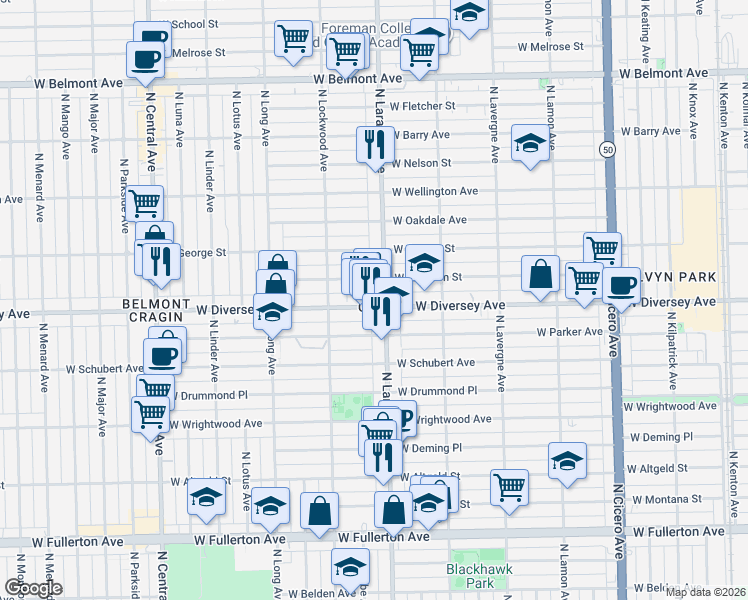 map of restaurants, bars, coffee shops, grocery stores, and more near 5210 West Diversey Avenue in Chicago