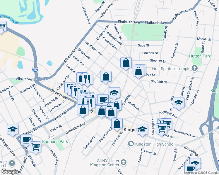 map of restaurants, bars, coffee shops, grocery stores, and more near 90 Cornell Street in Kingston