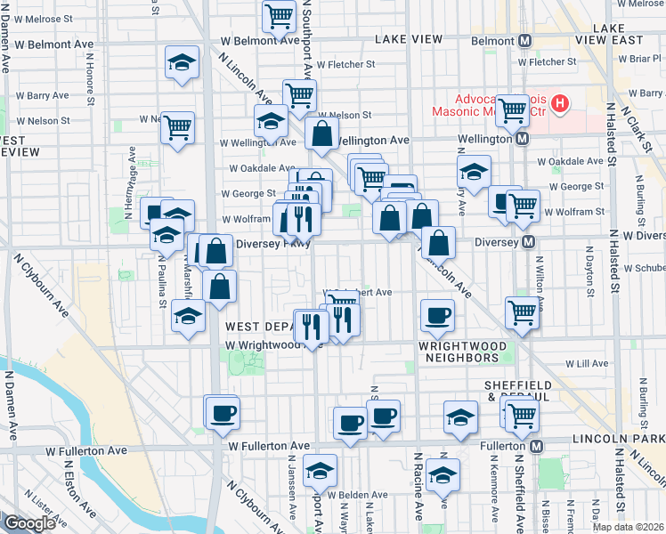 map of restaurants, bars, coffee shops, grocery stores, and more near 2709 North Southport Avenue in Chicago