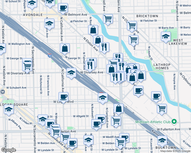 map of restaurants, bars, coffee shops, grocery stores, and more near 2545 West Diversey Avenue in Chicago