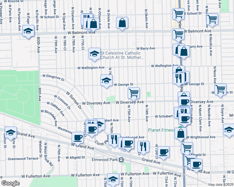 map of restaurants, bars, coffee shops, grocery stores, and more near 2805 North 76th Avenue in Elmwood Park