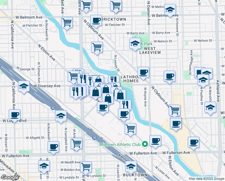 map of restaurants, bars, coffee shops, grocery stores, and more near 2211 West Diversey Parkway in Chicago