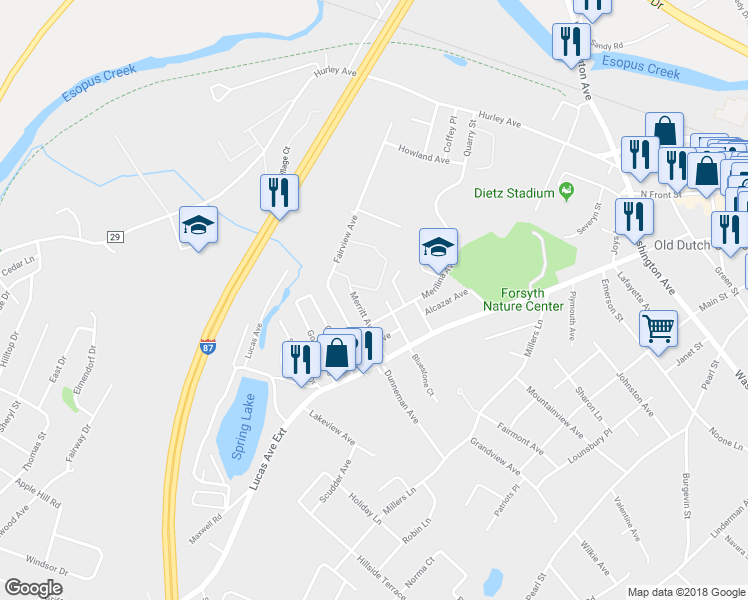 map of restaurants, bars, coffee shops, grocery stores, and more near 47 Boulder Avenue in Kingston