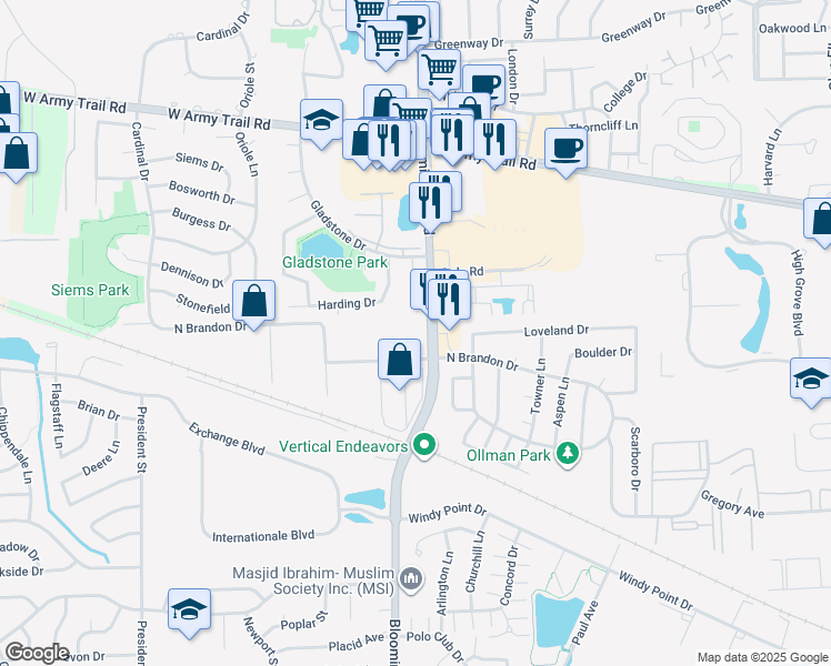 map of restaurants, bars, coffee shops, grocery stores, and more near 2002 Bloomingdale Road in Glendale Heights