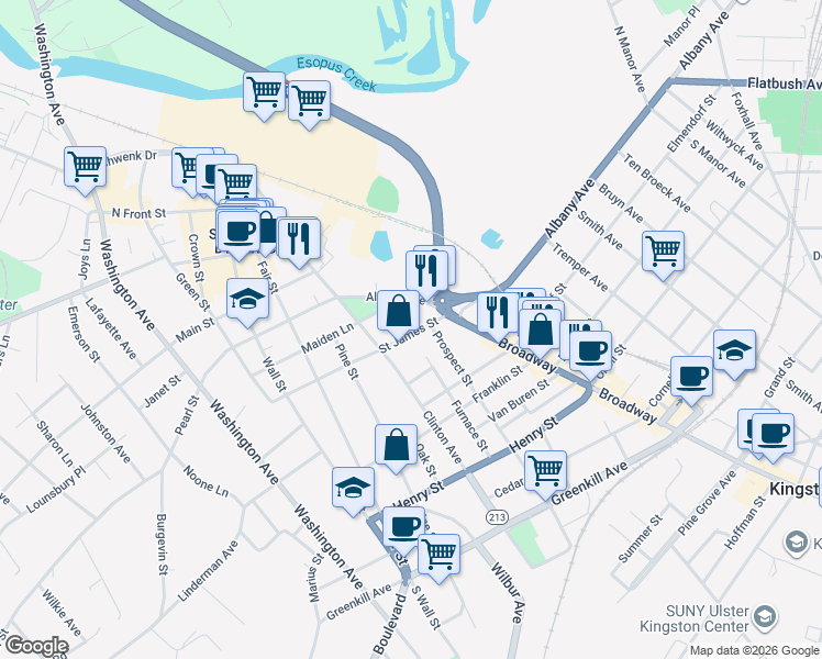 map of restaurants, bars, coffee shops, grocery stores, and more near 37 Saint James Street in Kingston
