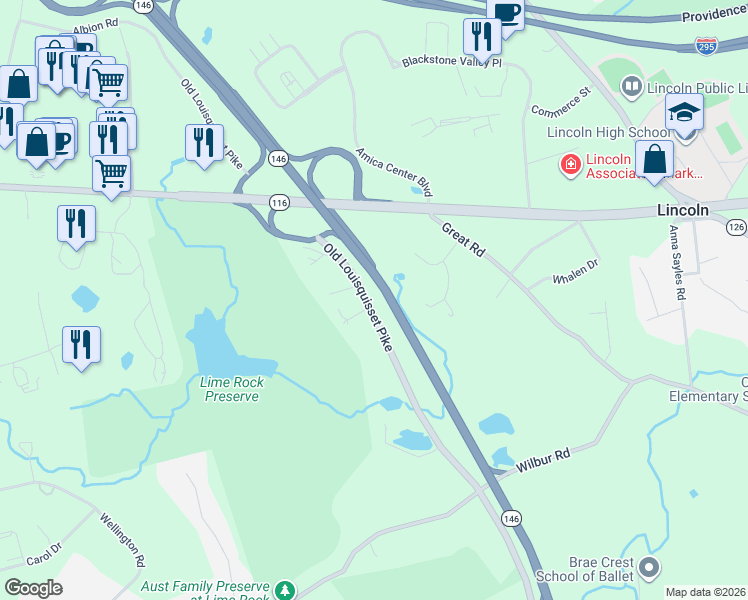 map of restaurants, bars, coffee shops, grocery stores, and more near 1926 Old Louisquisset Pike in Lincoln