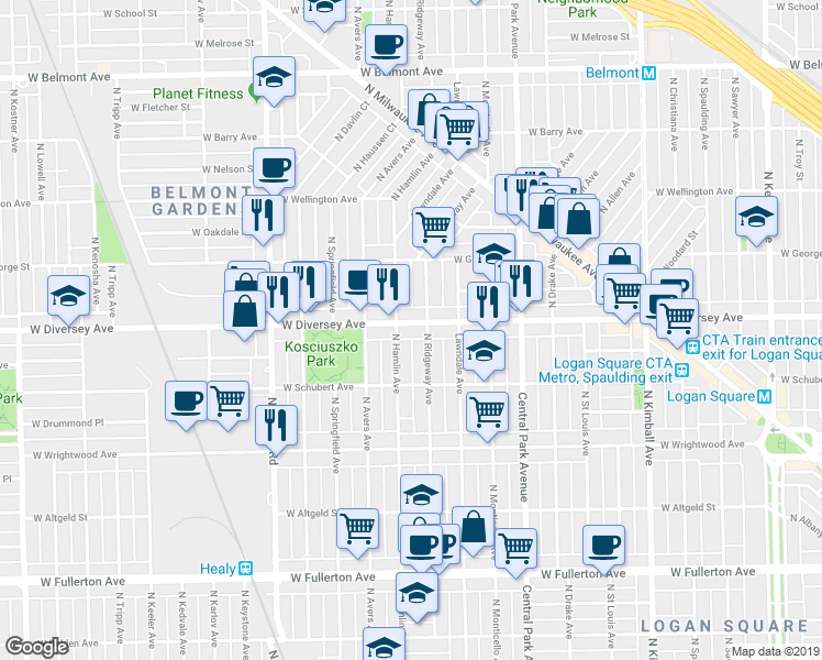 map of restaurants, bars, coffee shops, grocery stores, and more near 3747 West Diversey Avenue in Chicago