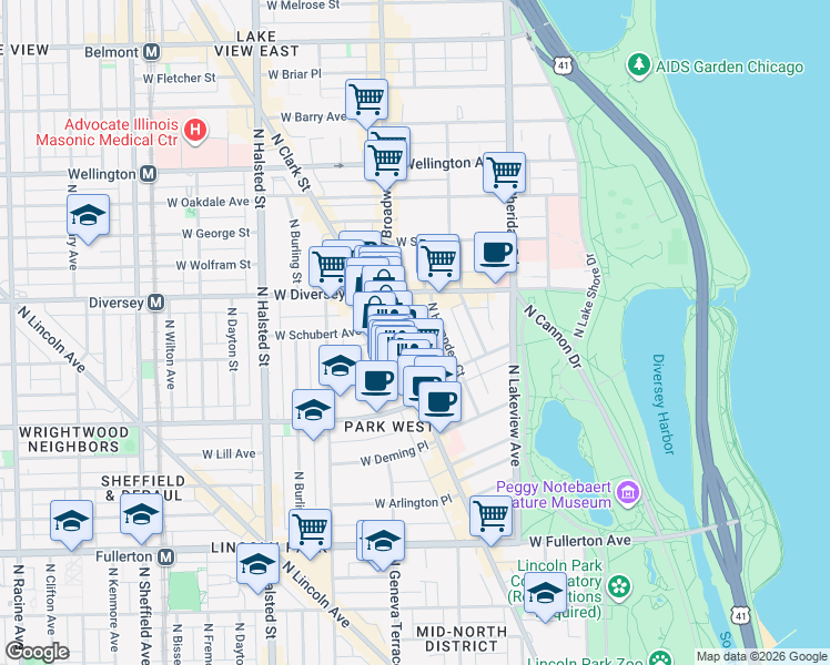 map of restaurants, bars, coffee shops, grocery stores, and more near 2649 North Clark Street in Chicago