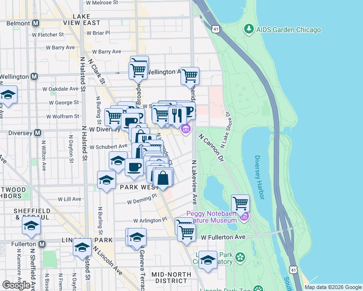 map of restaurants, bars, coffee shops, grocery stores, and more near 2717 North Pine Grove Avenue in Chicago