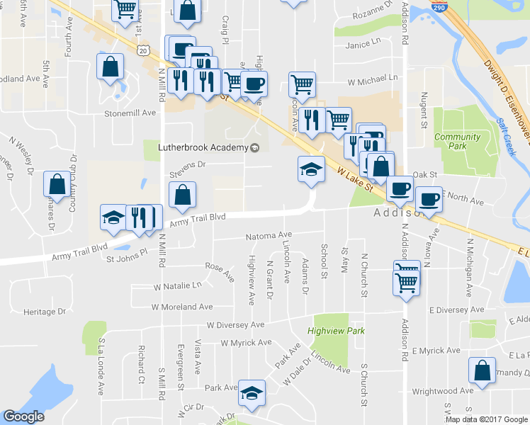 map of restaurants, bars, coffee shops, grocery stores, and more near 346 W Army Trail Blvd in Addison