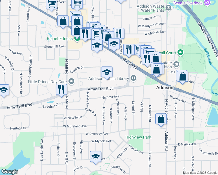 map of restaurants, bars, coffee shops, grocery stores, and more near 346 Army Trail Boulevard in Addison