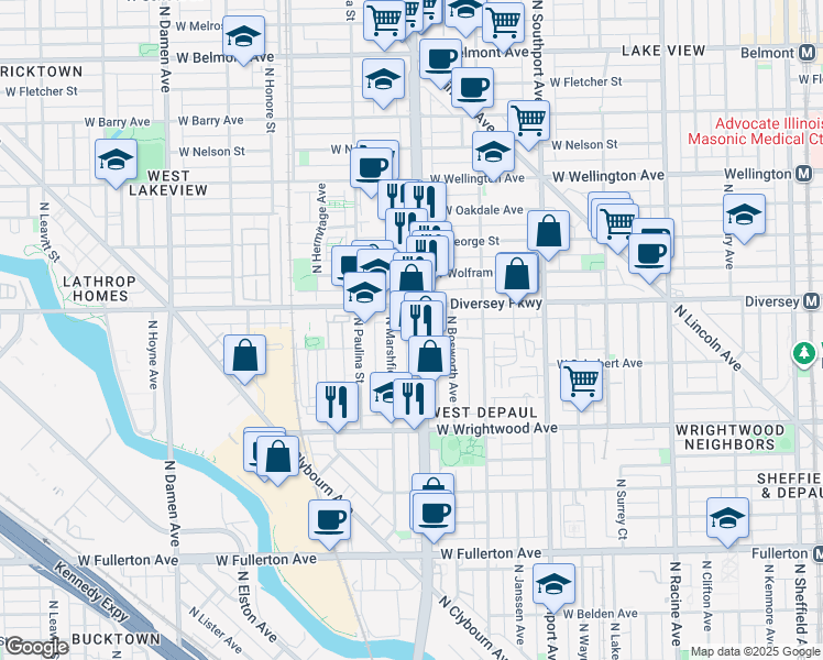 map of restaurants, bars, coffee shops, grocery stores, and more near 2736 North Ashland Avenue in Chicago