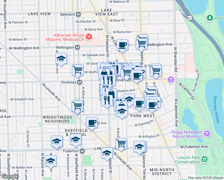 map of restaurants, bars, coffee shops, grocery stores, and more near 2668 North Burling Street in Chicago