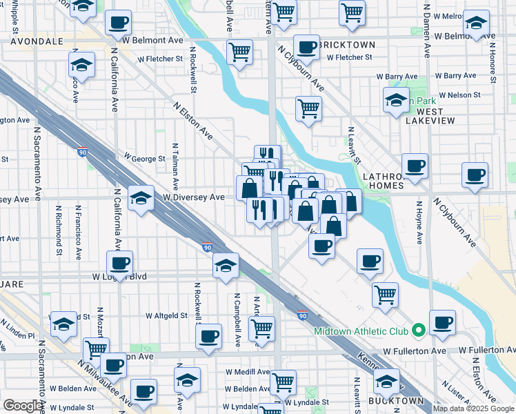 map of restaurants, bars, coffee shops, grocery stores, and more near 2745 North Artesian Avenue in Chicago