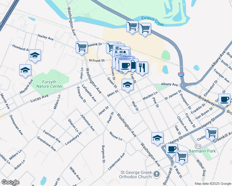 map of restaurants, bars, coffee shops, grocery stores, and more near 101 Pearl Street in Kingston