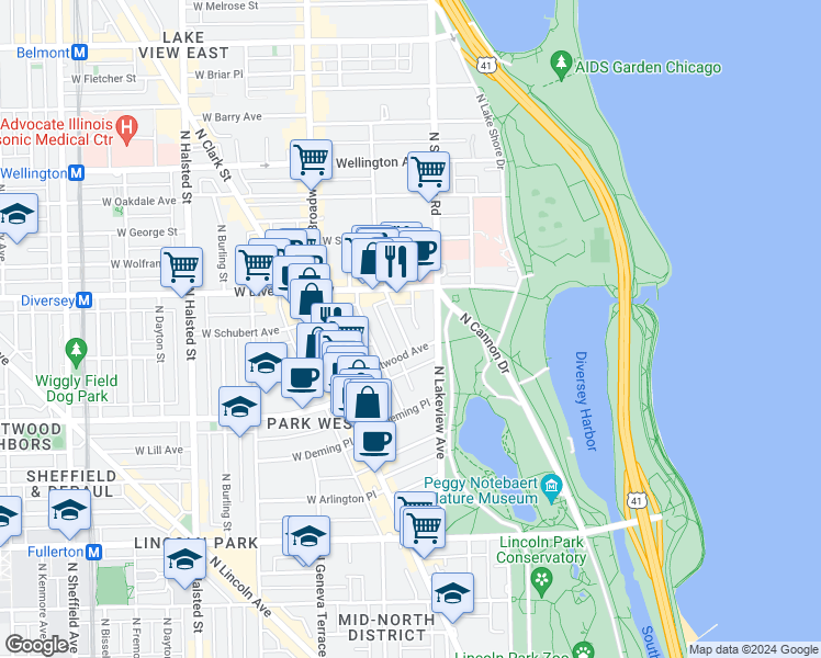 map of restaurants, bars, coffee shops, grocery stores, and more near 2700 North Pine Grove Avenue in Chicago