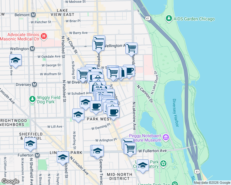 map of restaurants, bars, coffee shops, grocery stores, and more near 2714 North Hampden Court in Chicago