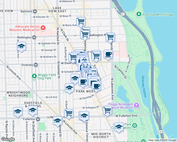 map of restaurants, bars, coffee shops, grocery stores, and more near 2649 North Clark Street in Chicago