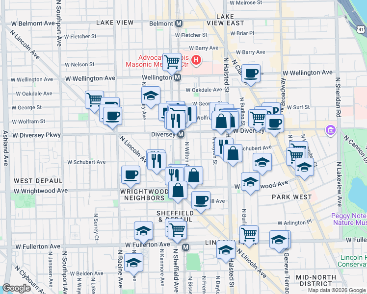 map of restaurants, bars, coffee shops, grocery stores, and more near 2703 North Wilton Avenue in Chicago