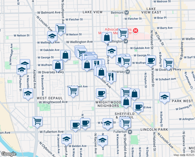 map of restaurants, bars, coffee shops, grocery stores, and more near 2707b North Racine Avenue in Chicago