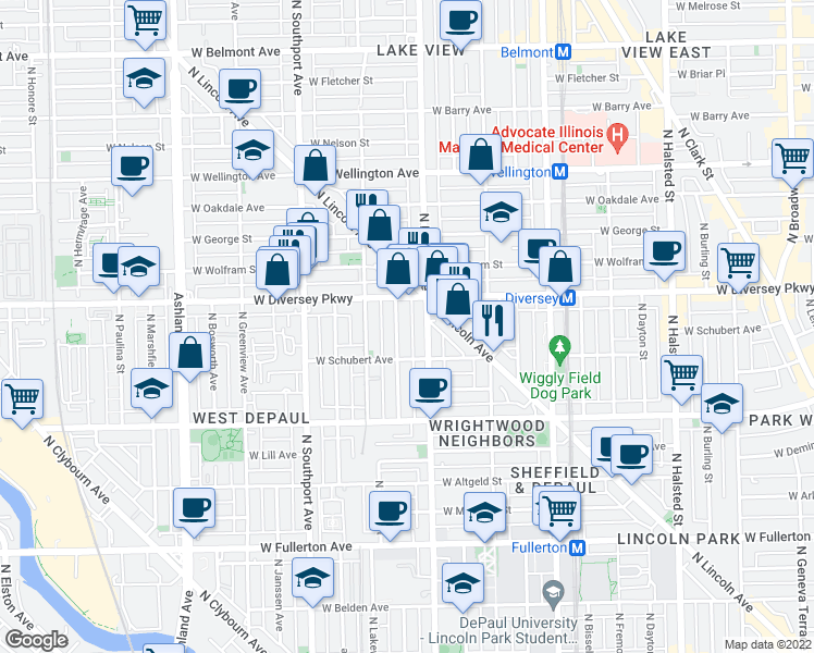 map of restaurants, bars, coffee shops, grocery stores, and more near 2702 North Magnolia Avenue in Chicago