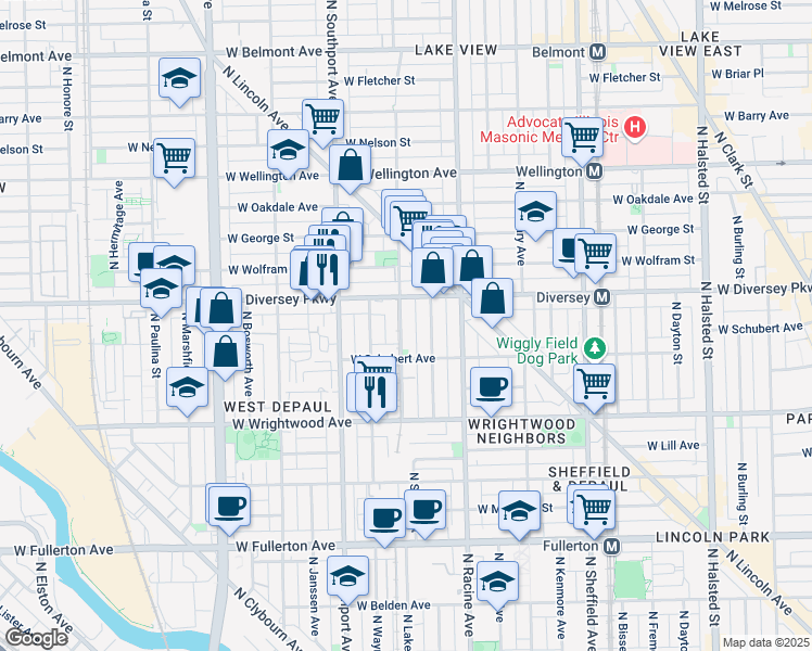 map of restaurants, bars, coffee shops, grocery stores, and more near 1304 West Schubert Avenue in Chicago