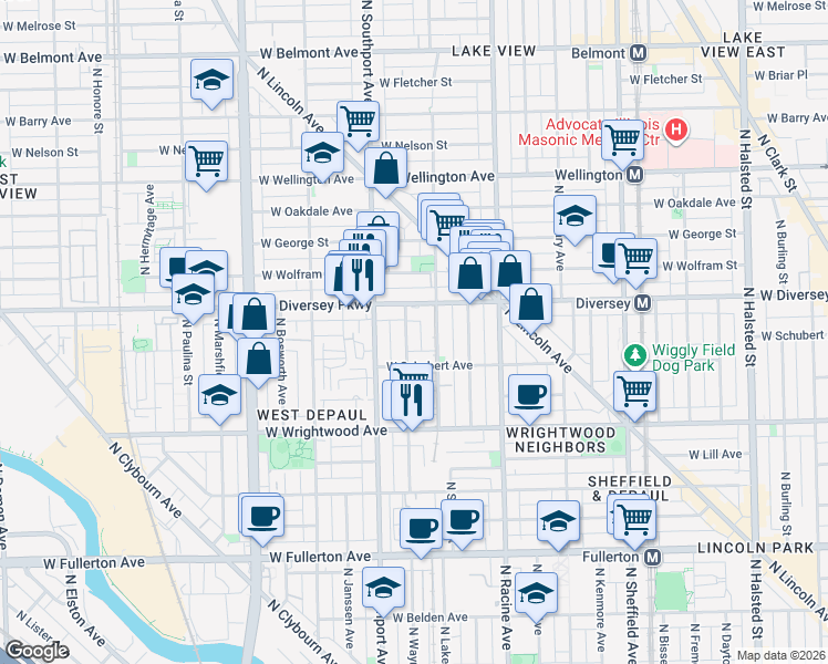 map of restaurants, bars, coffee shops, grocery stores, and more near 1304 West Schubert Avenue in Chicago