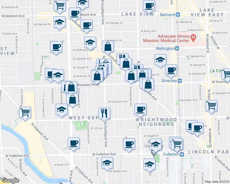 map of restaurants, bars, coffee shops, grocery stores, and more near 1304 West Schubert Avenue in Chicago