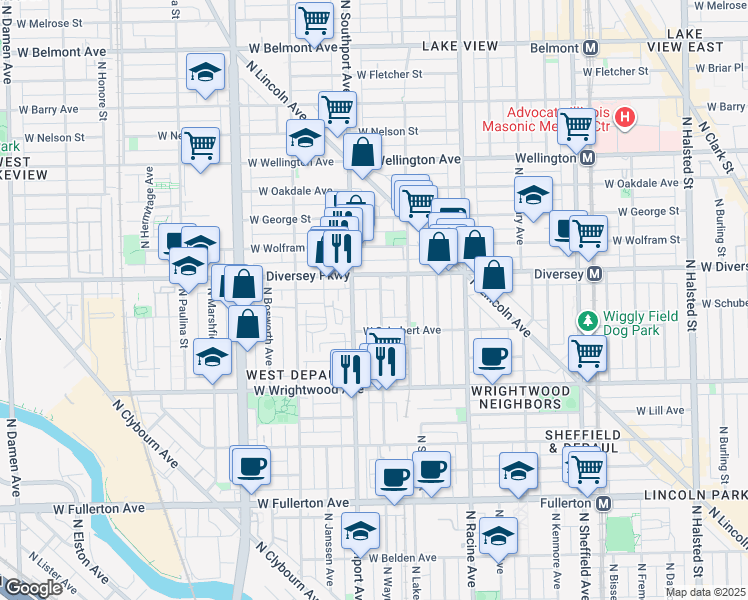 map of restaurants, bars, coffee shops, grocery stores, and more near 2709 North Southport Avenue in Chicago